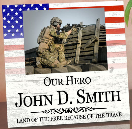Personalized Military Hero Photo Plaque – 10.5" x 10.5" Square Patriotic Tribute With Custom Name