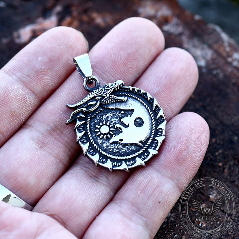 Ouroboros Skoll and Hati Wolf Stainless Steel Pendant