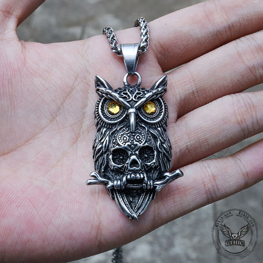 Owl Stainless Steel Gemstone Skull Pendant