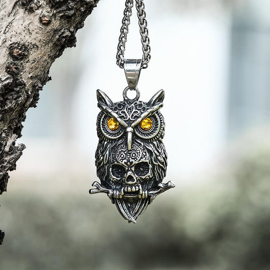 Owl Stainless Steel Gemstone Skull Pendant