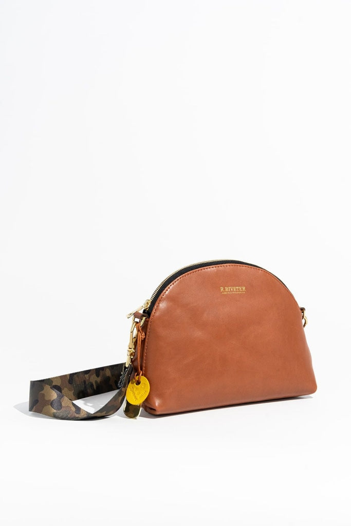 Hopper | Riveter Tan Leather Crossbody Bag with Camo Webbed Strap