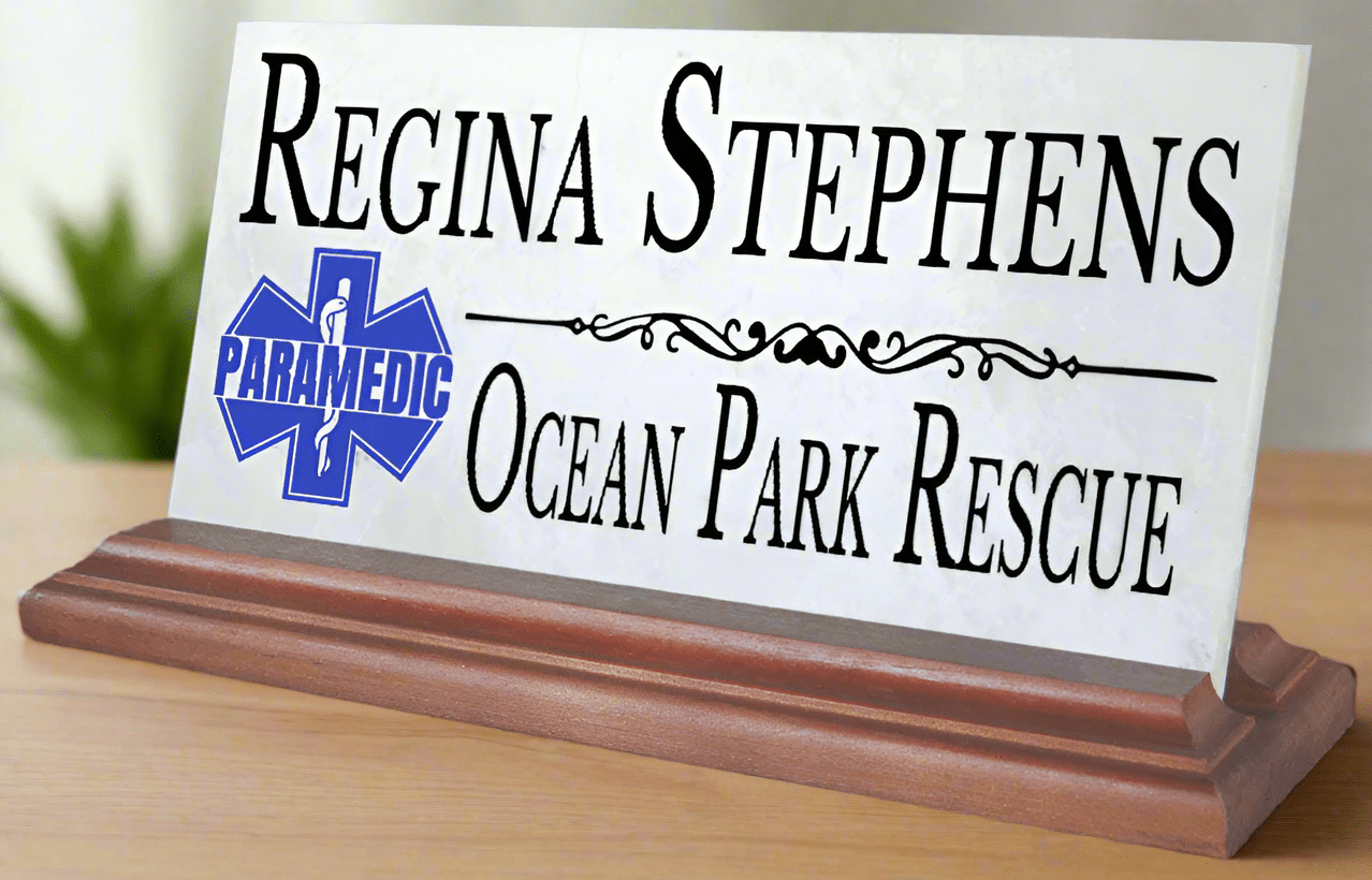 Personalized Paramedic Desk Nameplate – Custom Marble Plaque with Name & Department