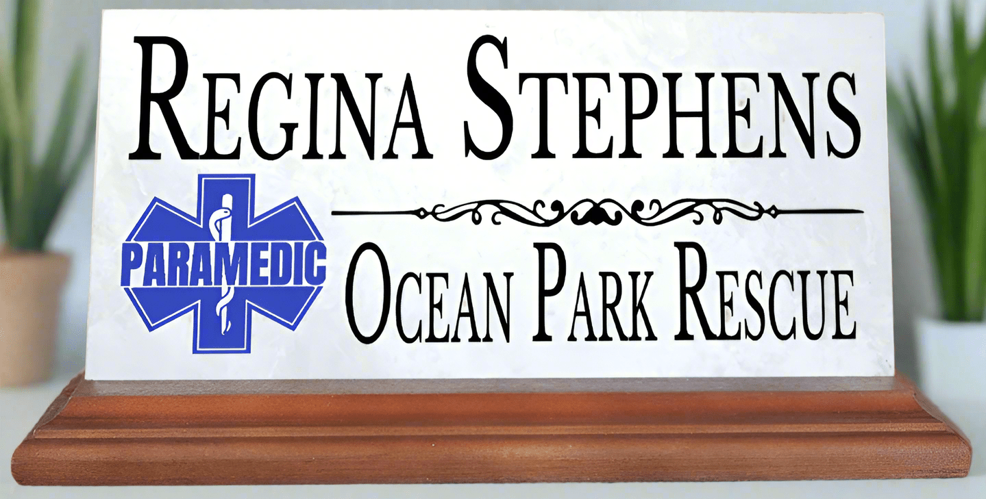 Personalized Paramedic Desk Nameplate – Custom Marble Plaque with Name & Department