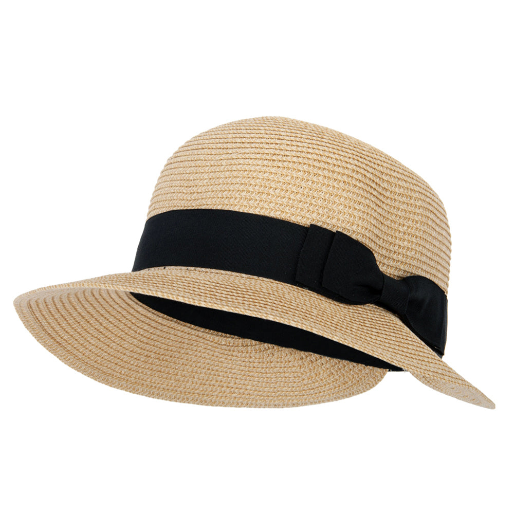 Women's Paper Braid Bow Ribbon Band Accented Split Brim Cloche Hat