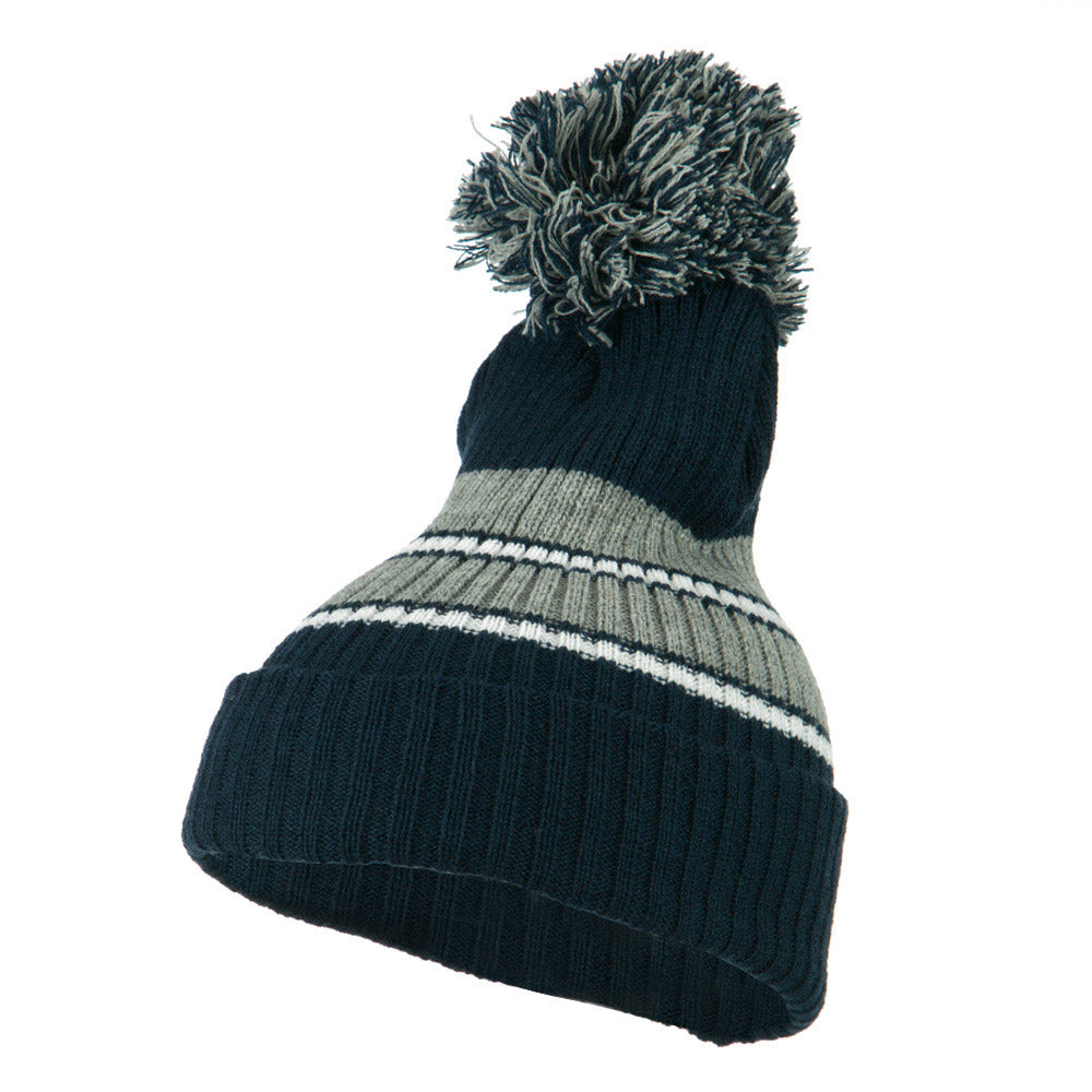Two Tone Striped Knit Pom Beanie