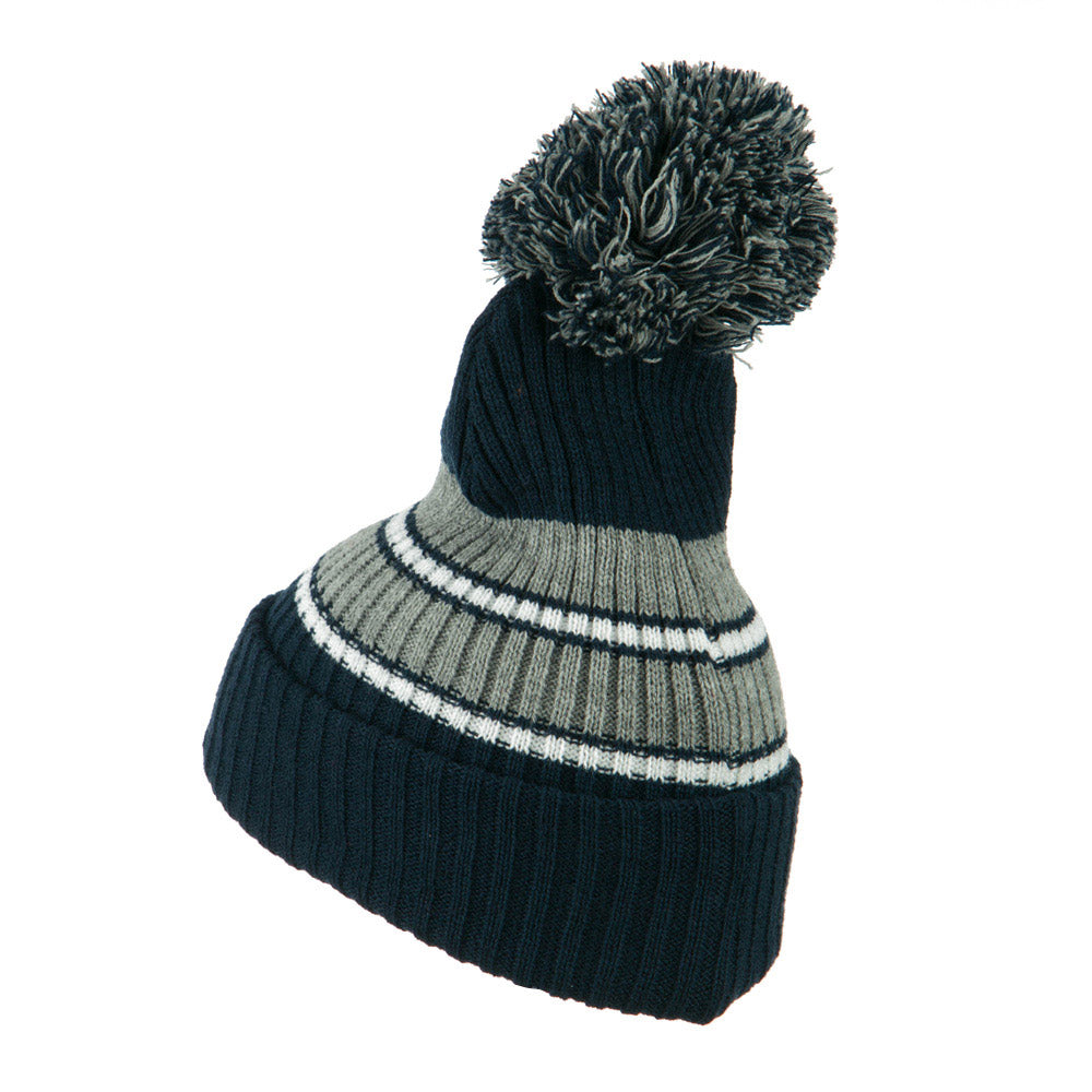 Two Tone Striped Knit Pom Beanie