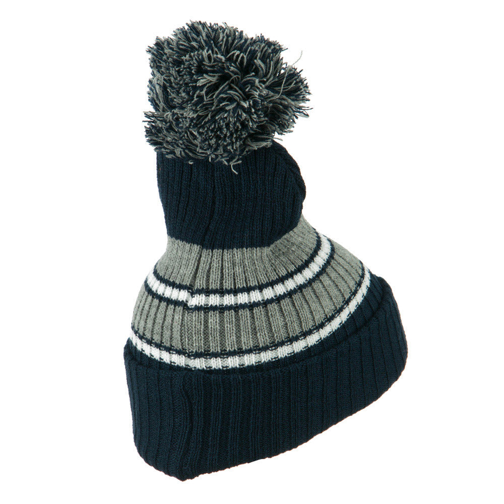 Two Tone Striped Knit Pom Beanie