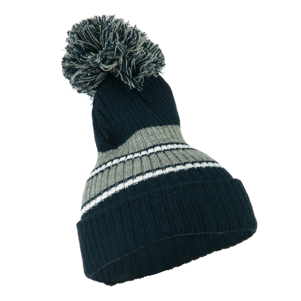 Two Tone Striped Knit Pom Beanie