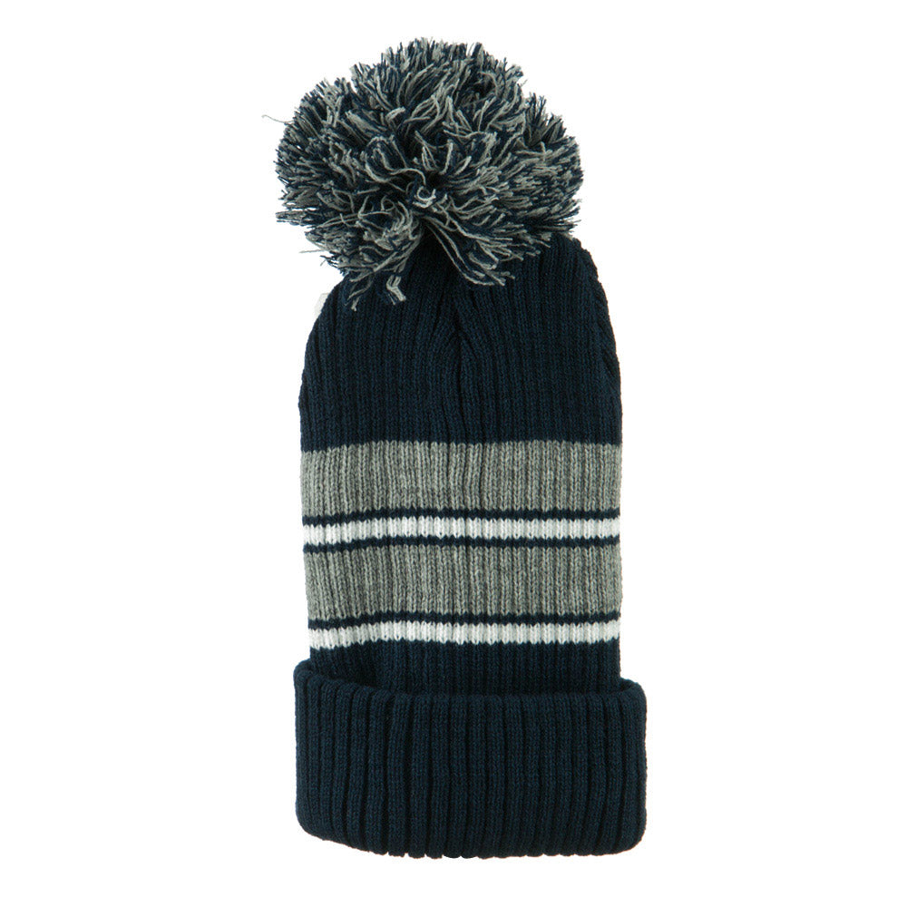 Two Tone Striped Knit Pom Beanie