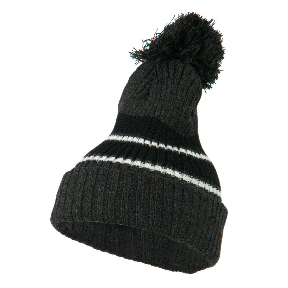 Two Tone Striped Knit Pom Beanie