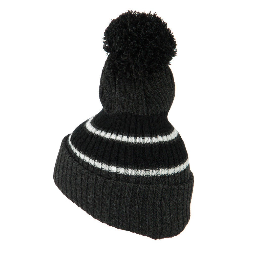 Two Tone Striped Knit Pom Beanie