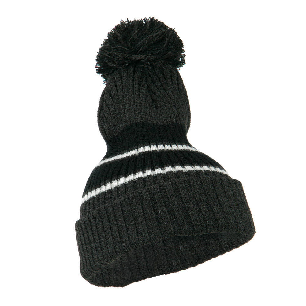 Two Tone Striped Knit Pom Beanie