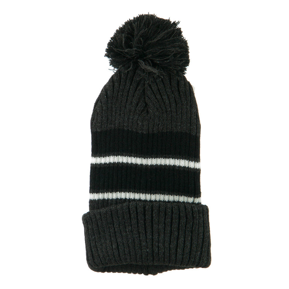 Two Tone Striped Knit Pom Beanie