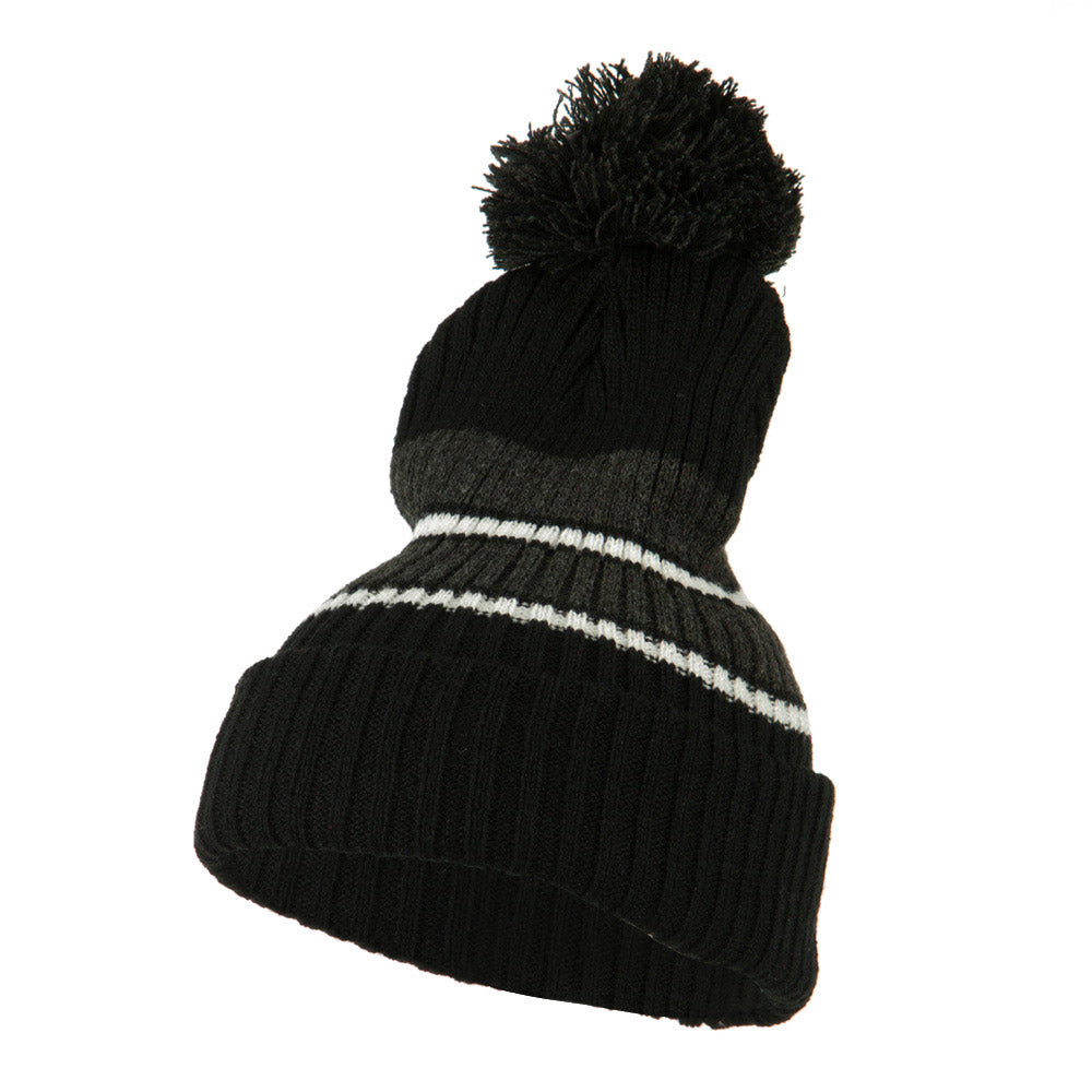 Two Tone Striped Knit Pom Beanie