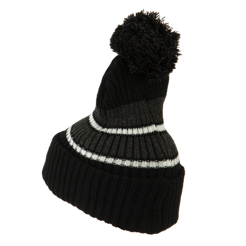Two Tone Striped Knit Pom Beanie