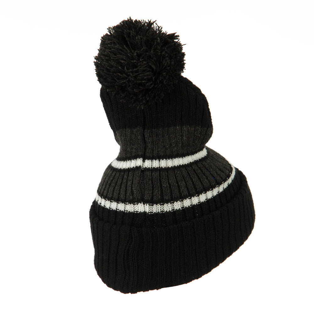Two Tone Striped Knit Pom Beanie