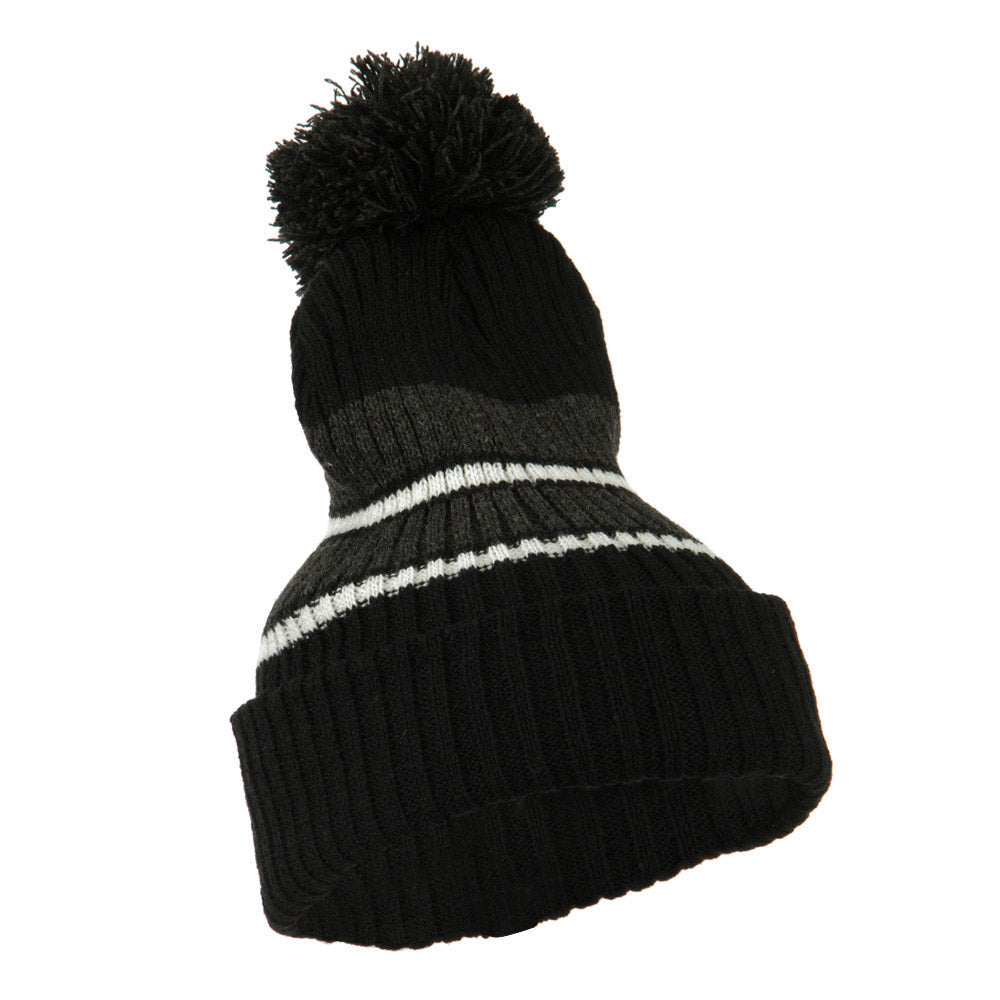 Two Tone Striped Knit Pom Beanie