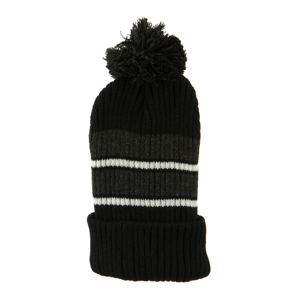Two Tone Striped Knit Pom Beanie