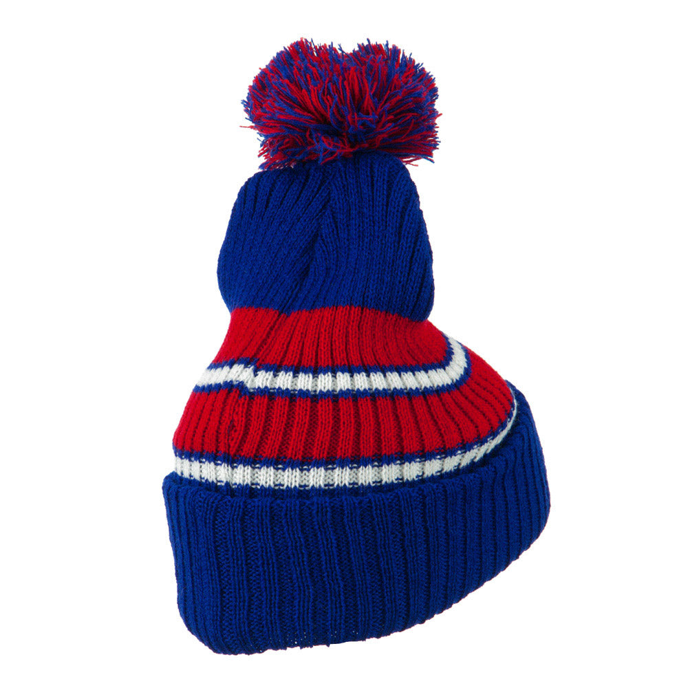 Two Tone Striped Knit Pom Beanie