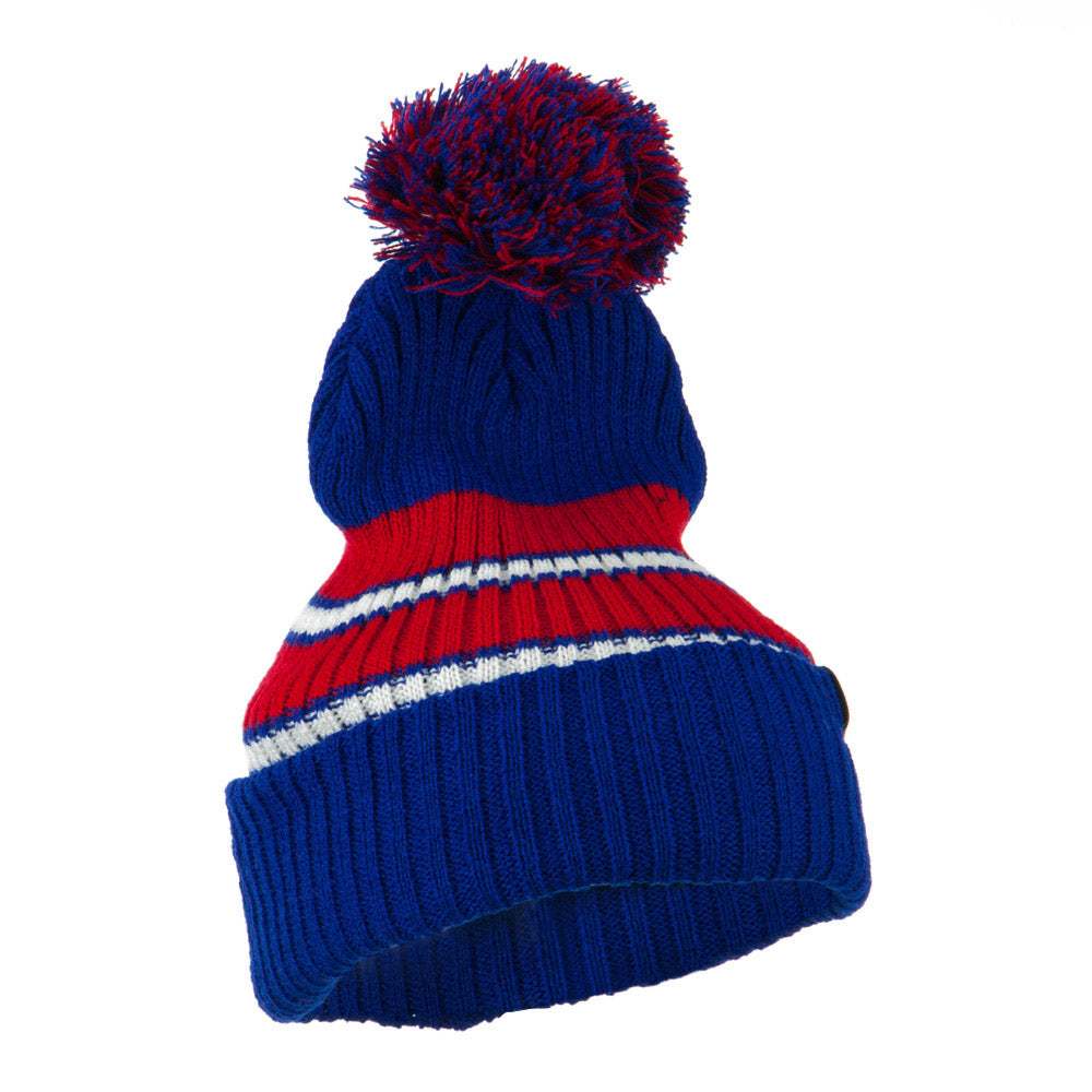 Two Tone Striped Knit Pom Beanie