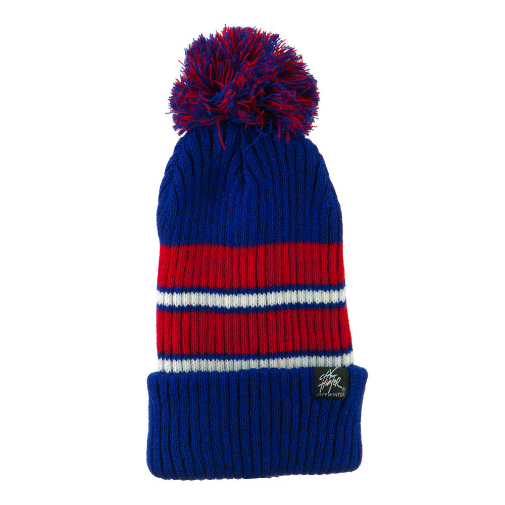 Two Tone Striped Knit Pom Beanie