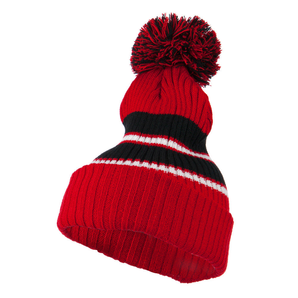 Two Tone Striped Knit Pom Beanie