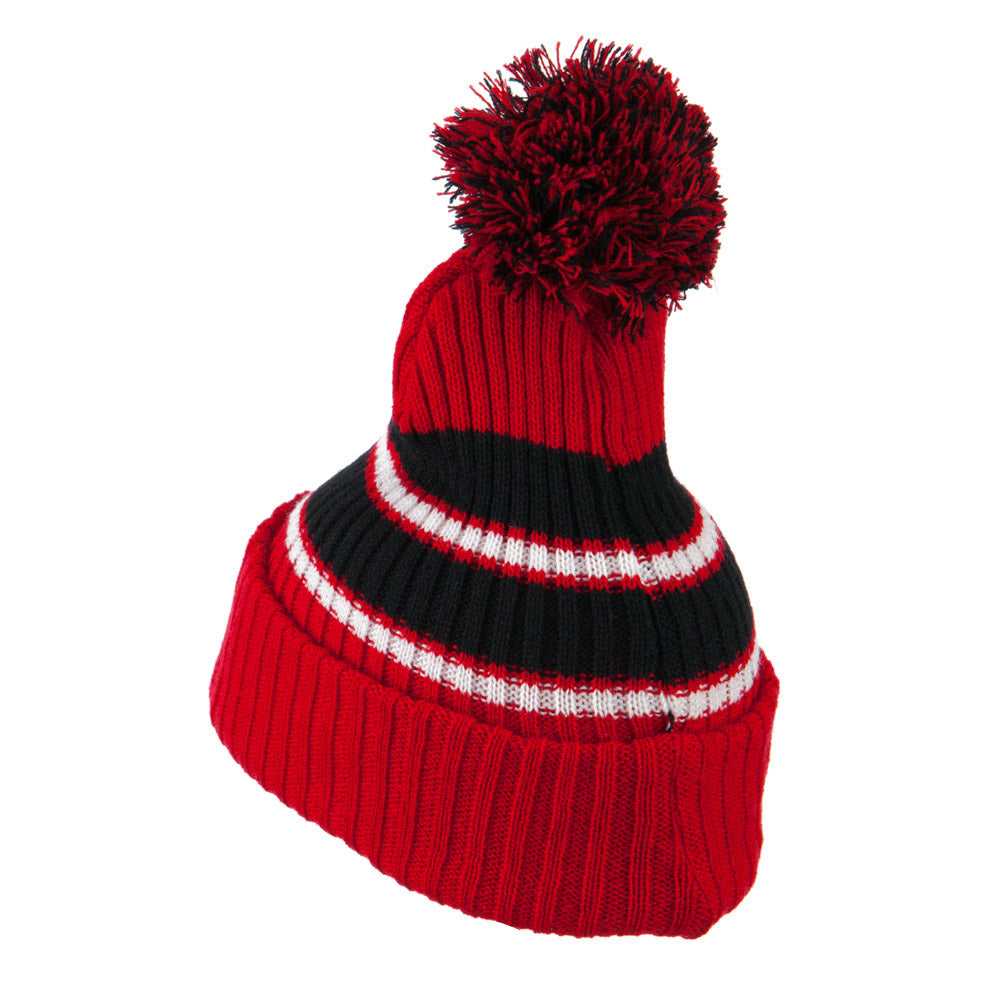 Two Tone Striped Knit Pom Beanie
