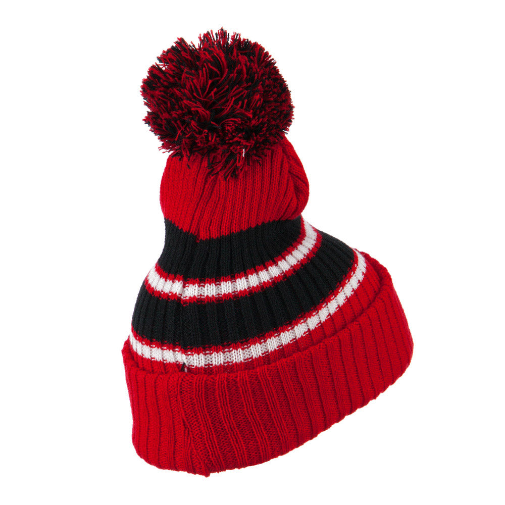 Two Tone Striped Knit Pom Beanie