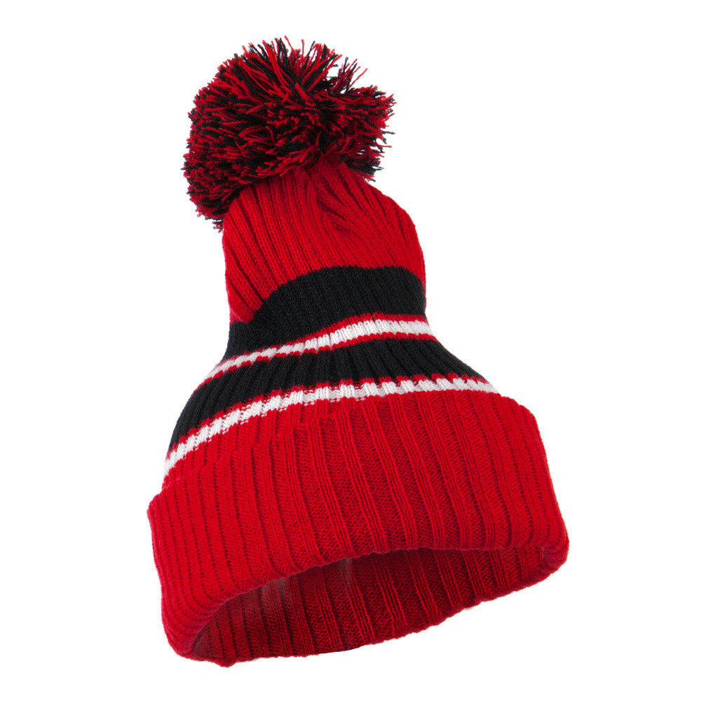 Two Tone Striped Knit Pom Beanie