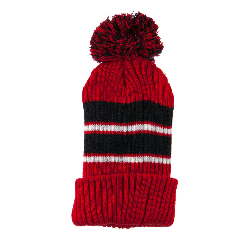 Two Tone Striped Knit Pom Beanie