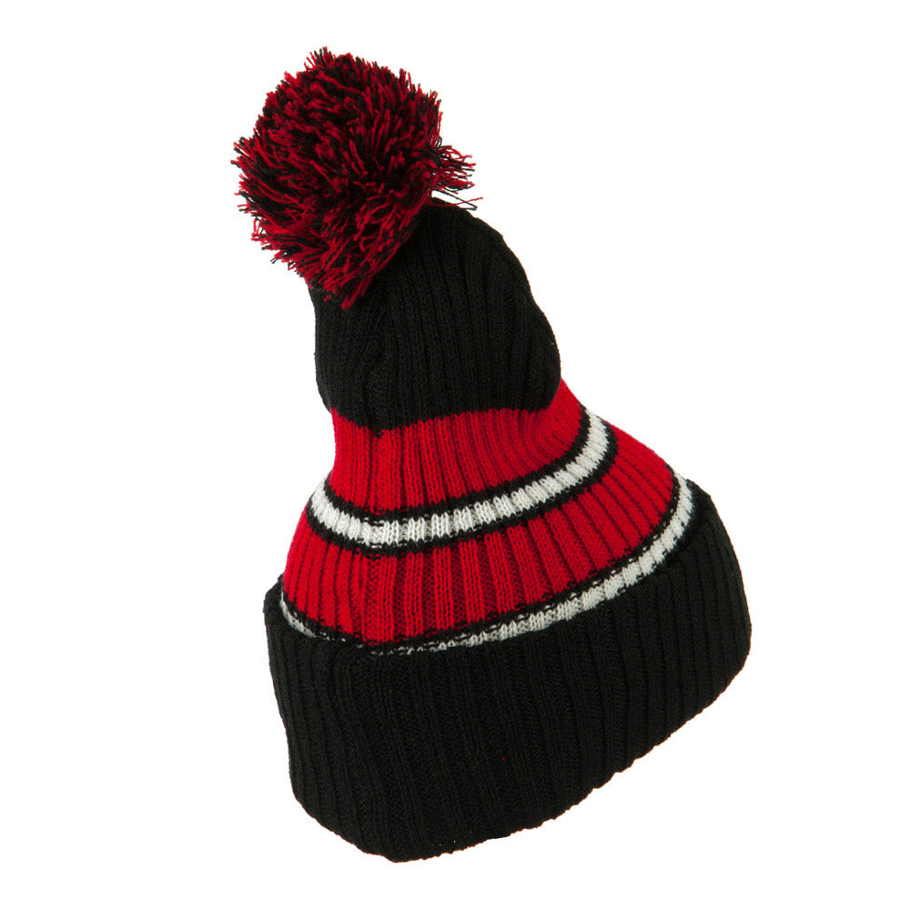 Two Tone Striped Knit Pom Beanie