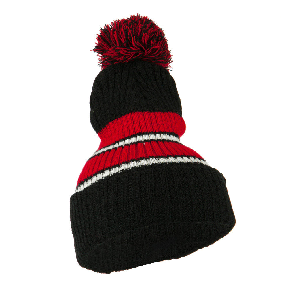 Two Tone Striped Knit Pom Beanie
