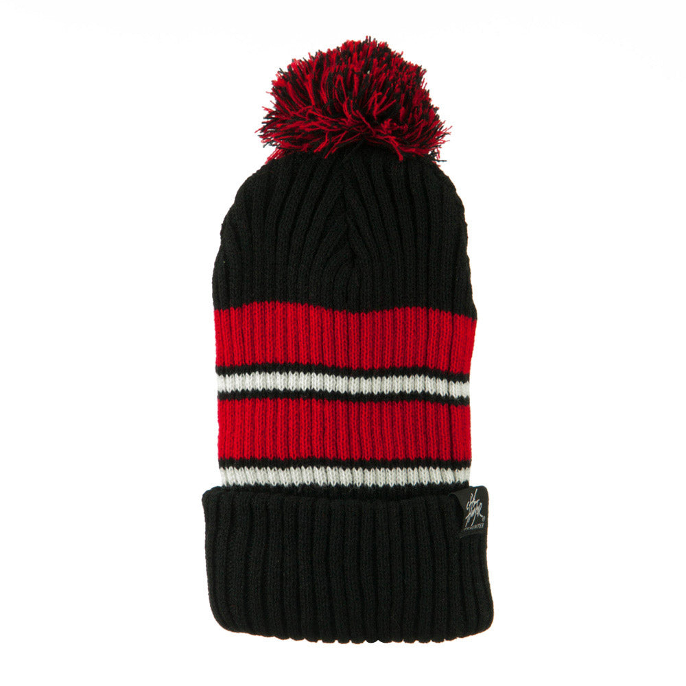 Two Tone Striped Knit Pom Beanie