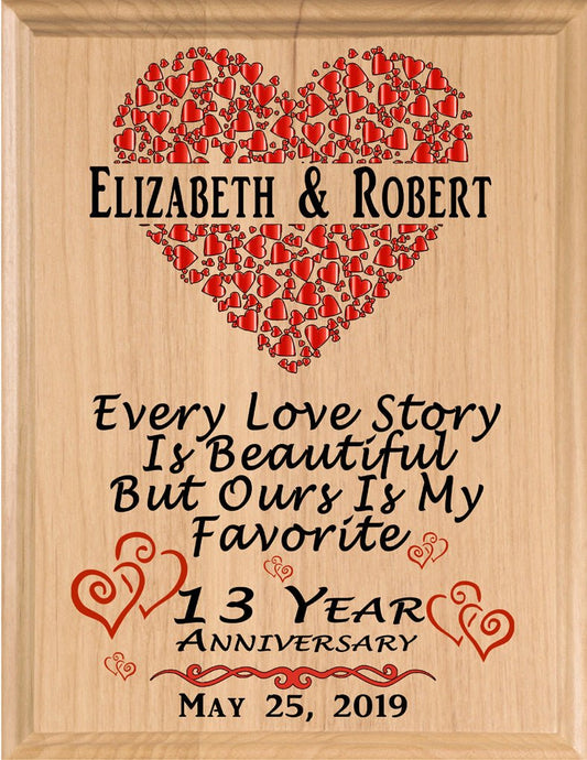 13 Year Anniversary Gift – Personalized Plaque with “Every Love Story Is Beautiful” Inscription