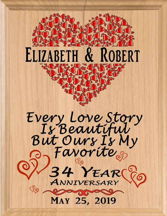 34 Year Anniversary Gift – Personalized Plaque with “Every Love Story Is Beautiful” Inscription
