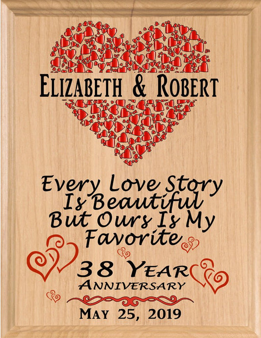 38 Year Anniversary Gift – Personalized Plaque with “Every Love Story Is Beautiful” Inscription