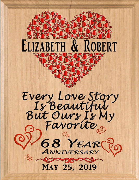 68 Year Anniversary Gift – Personalized Plaque with “Every Love Story Is Beautiful” Inscription