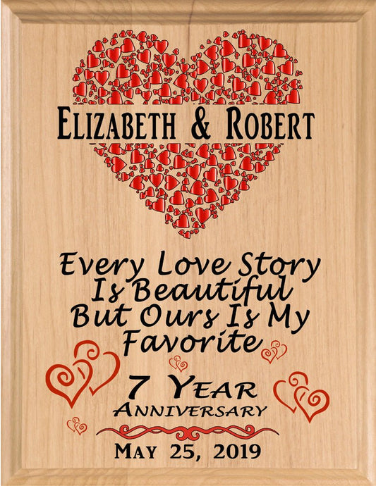 7 Year Anniversary Gift – Personalized Plaque with “Every Love Story Is Beautiful” Inscription