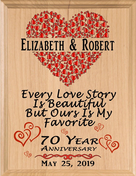 70 Year Anniversary Gift – Personalized Plaque with “Every Love Story Is Beautiful” Inscription
