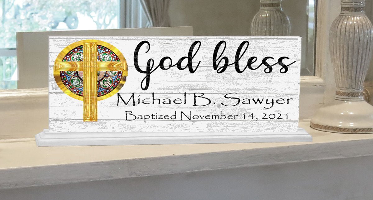 Personalized Baptism Gift God Bless With Name and Christening Date