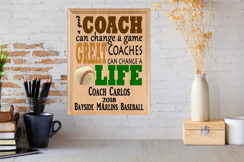 Custom Baseball Coach Gift – Personalized Wood Plaque with Name & Year – “Great Coaches Change Lives” – Solid Wood – USA Made – 11x8.5