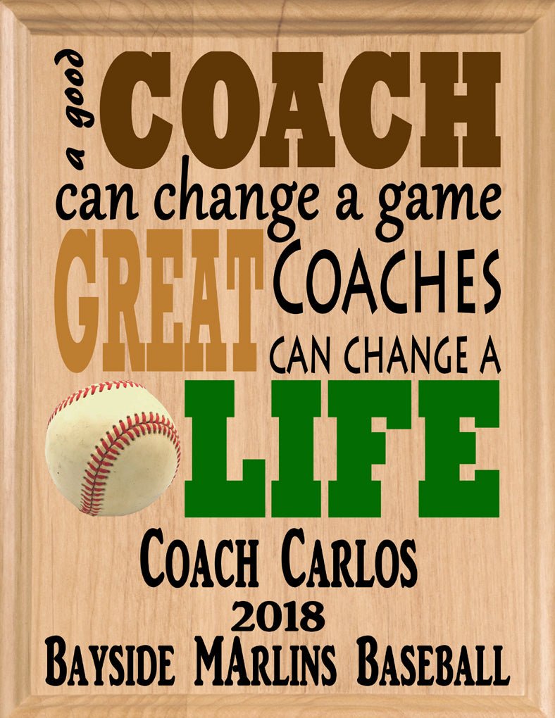 Custom Baseball Coach Gift – Personalized Wood Plaque with Name & Year – “Great Coaches Change Lives” – Solid Wood – USA Made – 11x8.5