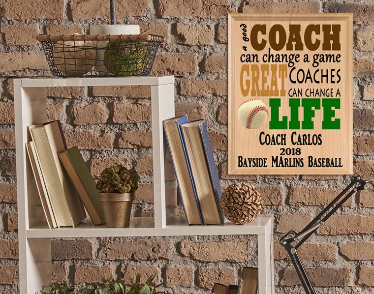 Custom Baseball Coach Gift – Personalized Wood Plaque with Name & Year – “Great Coaches Change Lives” – Solid Wood – USA Made – 11x8.5