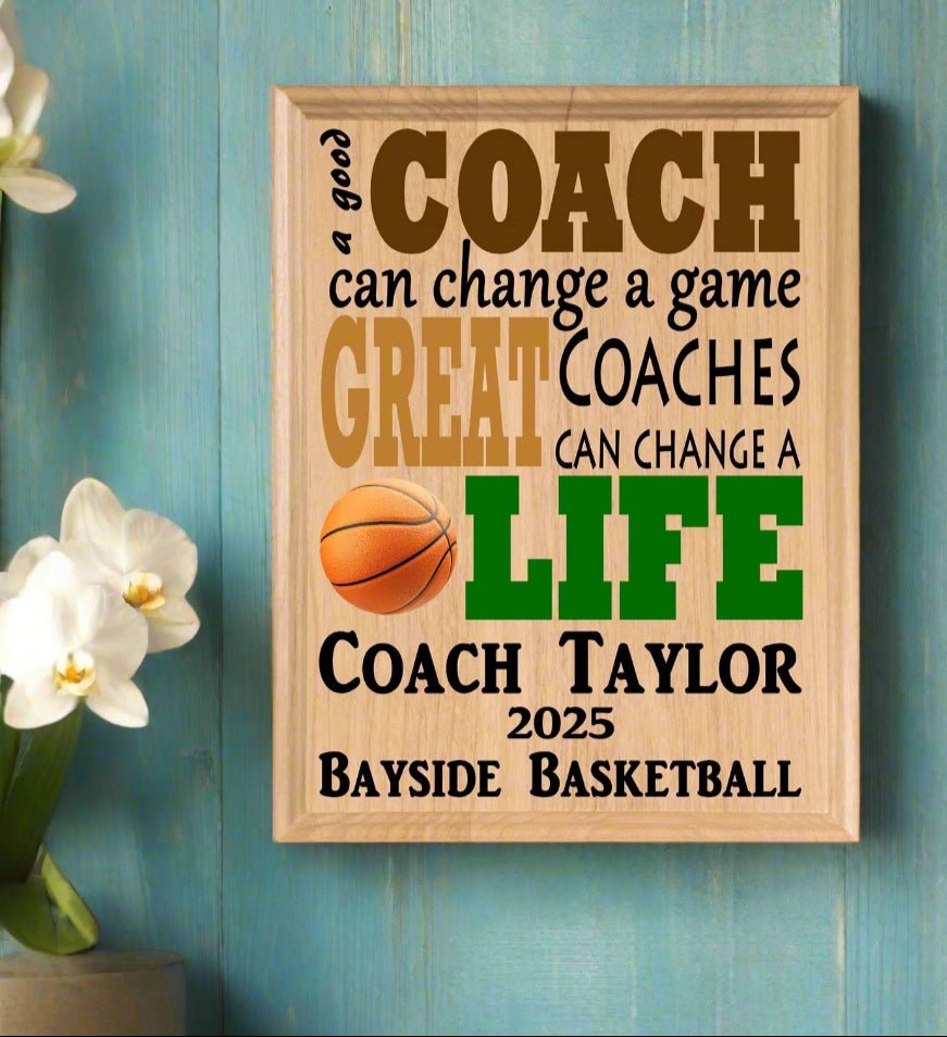 Custom Basketball Coach Gift – Personalized Wood Plaque with Name & Year – “Great Coaches Change Lives” – Solid Wood – USA Made – 11x8.5