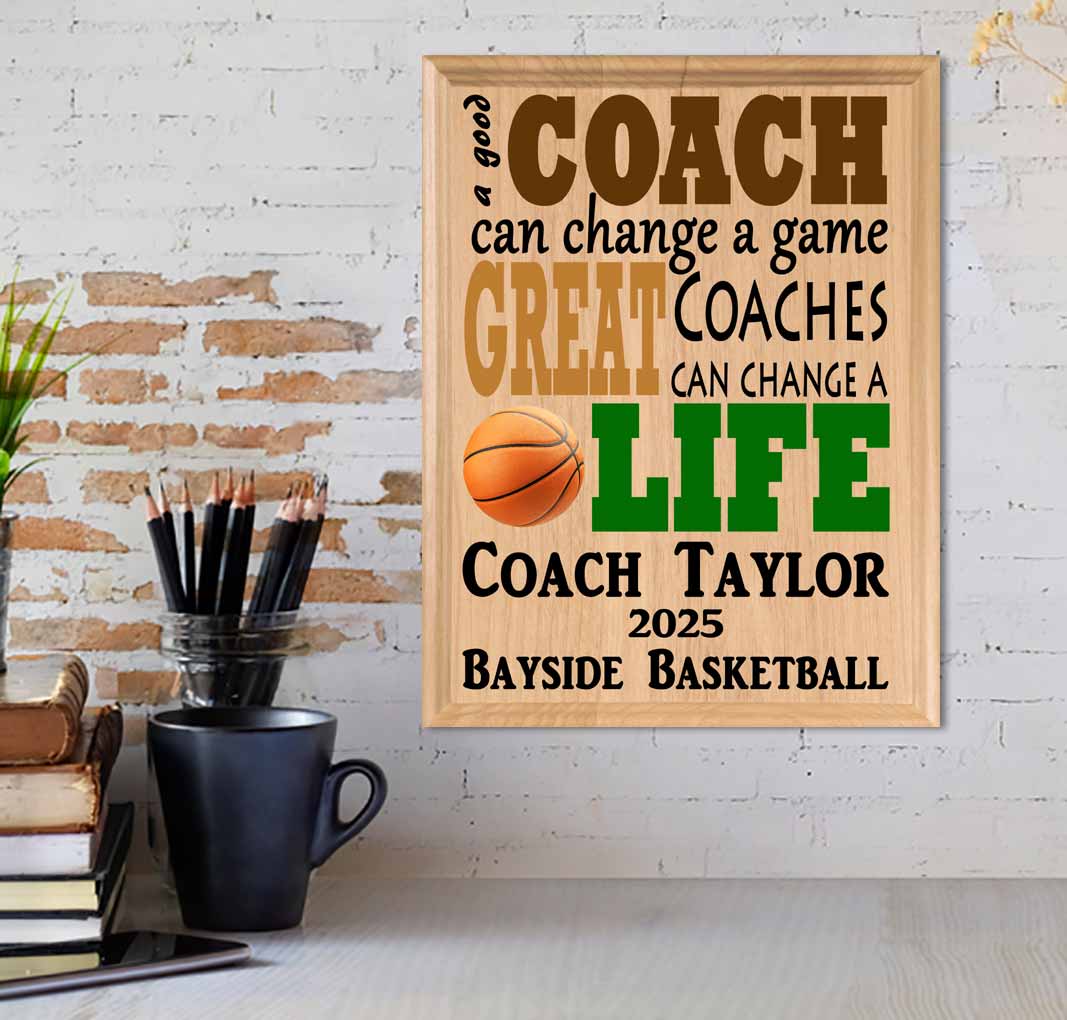 Custom Basketball Coach Gift – Personalized Wood Plaque with Name & Year – “Great Coaches Change Lives” – Solid Wood – USA Made – 11x8.5