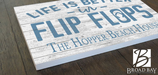 Custom Beach House Sign – “Life Is Better in Flip Flops” | Personalized Family Name Coastal Wall Art