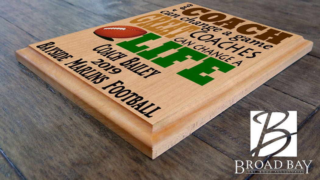Custom Football Coach Gift – Personalized Wood Plaque with Name & Year – “Great Coaches Change Lives” – Solid Wood – USA Made – 11x8.5