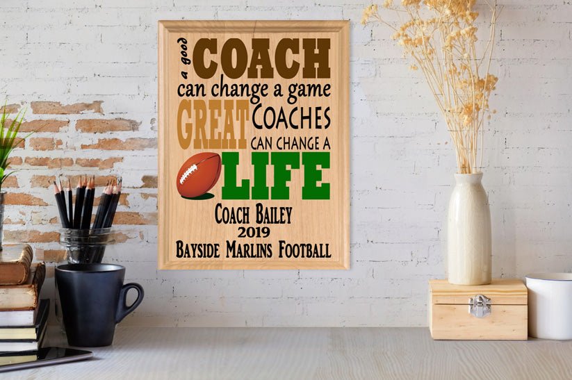 Custom Football Coach Gift – Personalized Wood Plaque with Name & Year – “Great Coaches Change Lives” – Solid Wood – USA Made – 11x8.5