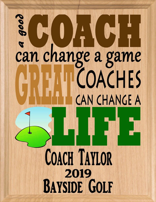 Custom Golf Coach Gift – Personalized Wood Plaque with Name & Year – “Great Coaches Change Lives” – Made in USA – 11x8.5