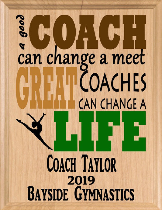 Custom Gymnastics Coach Gift – Personalized Wood Plaque with Name & Year – “Great Coaches Change Lives” – Solid Wood – USA Made – 11x8.5